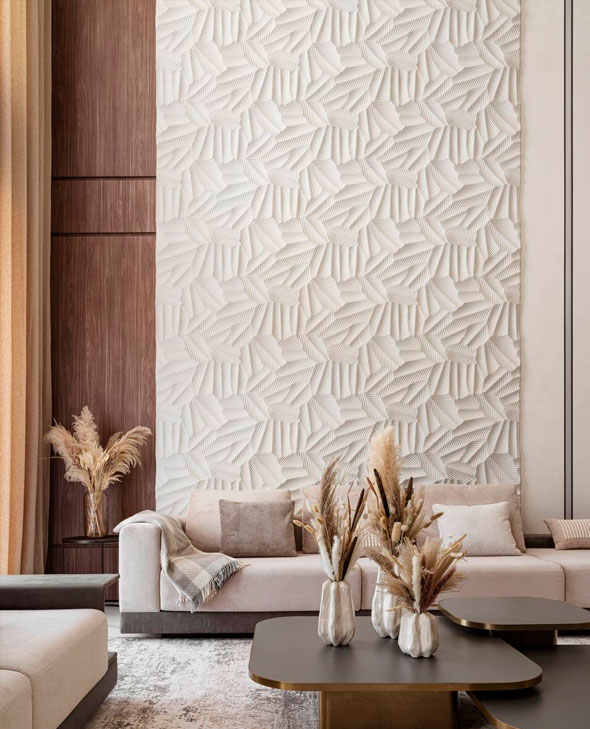 гостинная с гипсовыми панелями и рейками